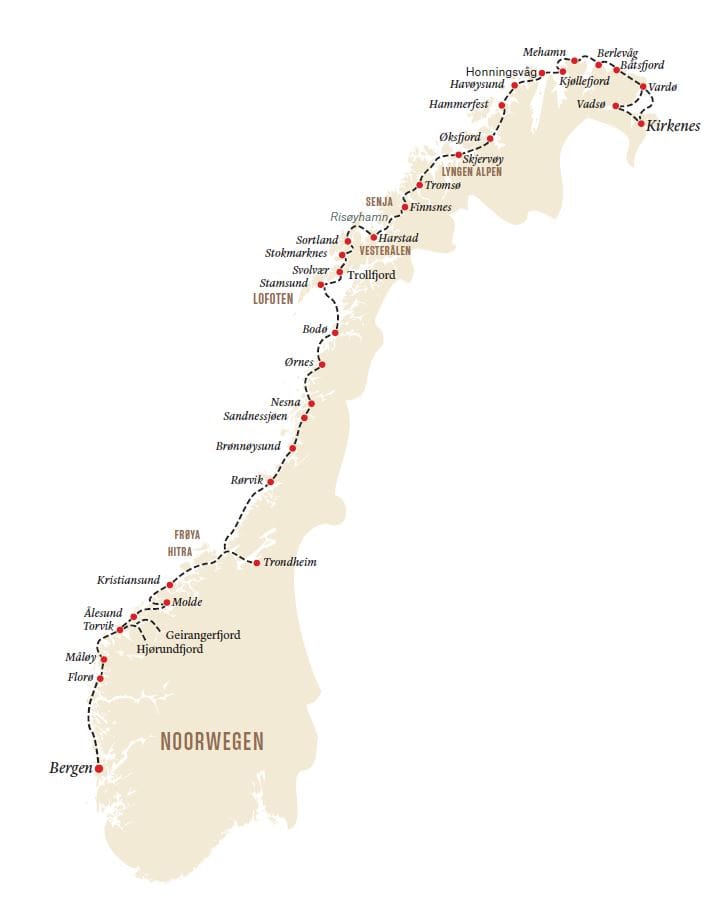 Routekaart van Hurtigruten postboot in Noorwegen