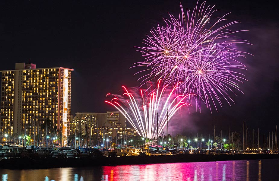 Vuurwerk bij Waikiki Oahu