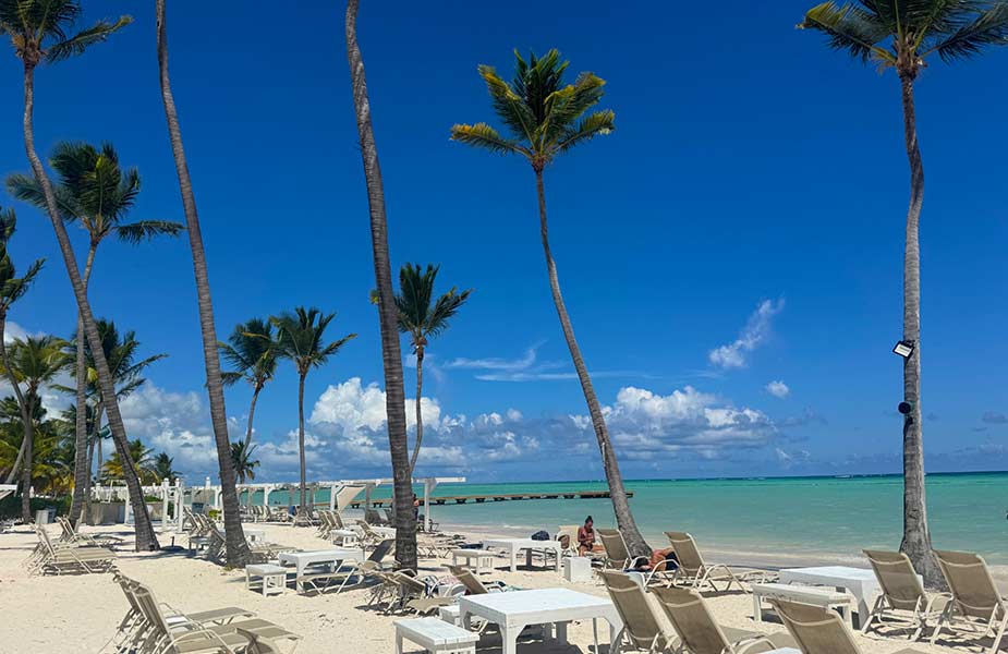 Strand met palmbomen van Juanillo Beach